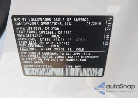 2019 Volkswagen Atlas 3.6L V6 Se W/Technology R-Line from USA, damaged, VIN 1V2XR2CA7KC576642